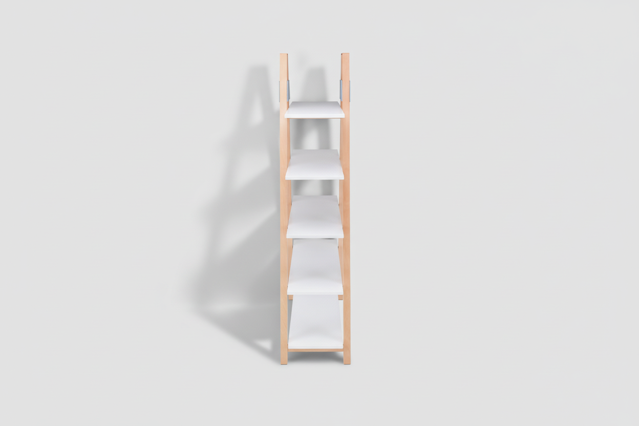 Wooden ladder shelf with white shelves on a white background