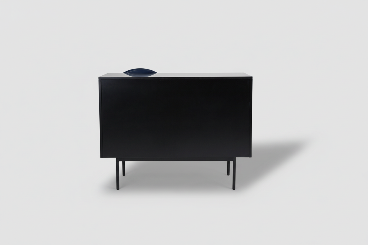 Black cabinet with a white top on a white background