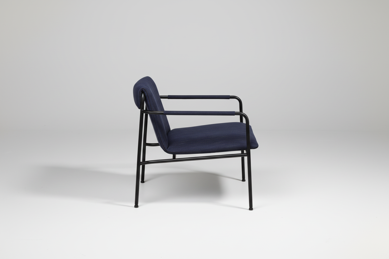 Navy chair with black metal frame on a white background