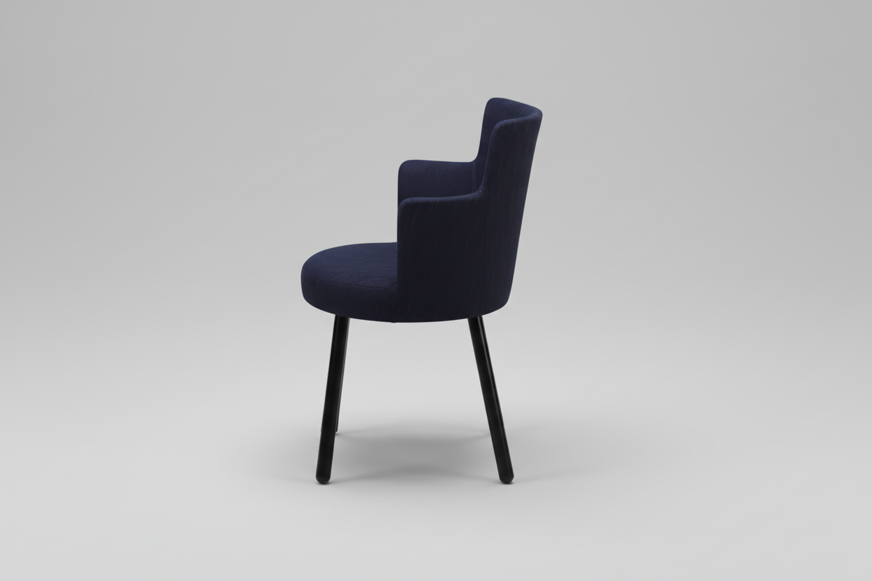 Navy blue chair with black legs on a white background