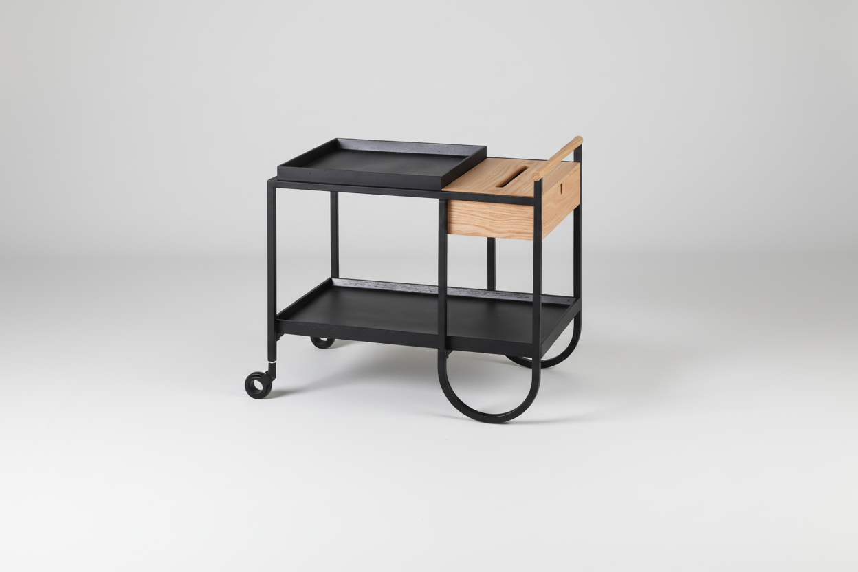 Black metal serving cart with a wooden drawer on a white background