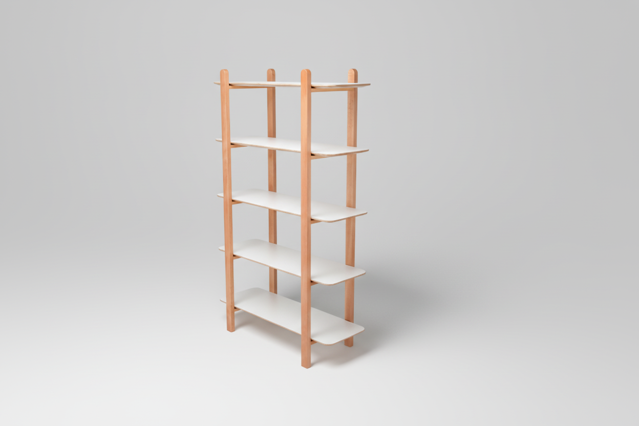 Wooden shelf with white shelves on a white background