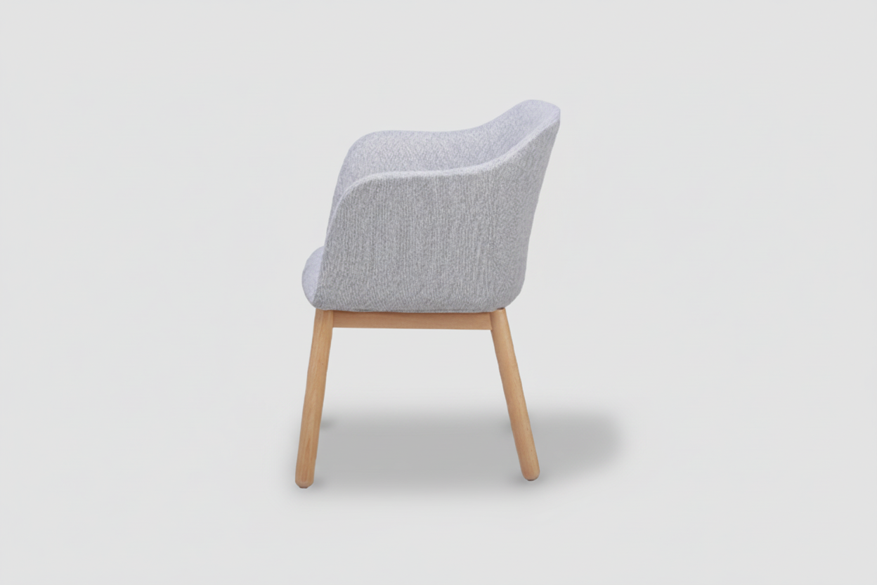 Chair with gray cushioned backrest and wooden legs on a white background