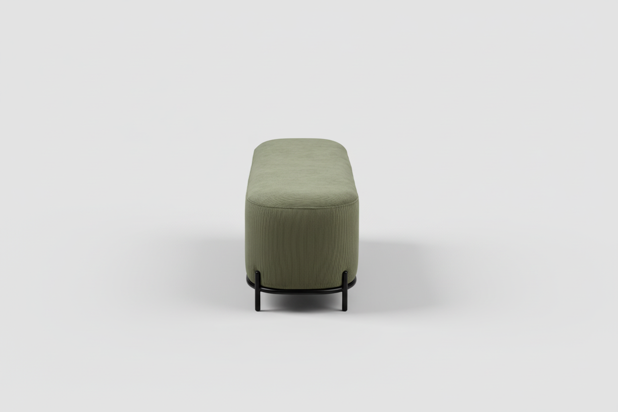 Green ottoman with black metal legs on a white background