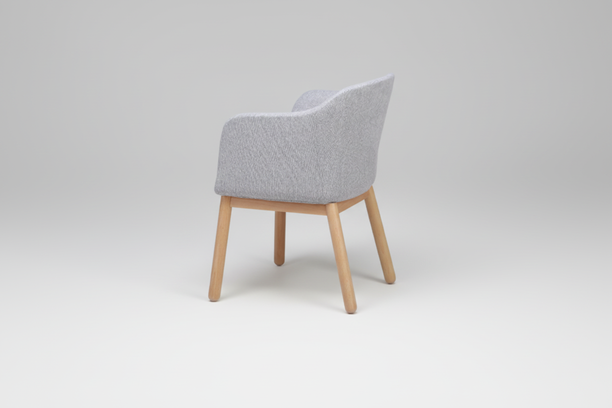 Chair with gray cushioned backrest and wooden legs on a white background