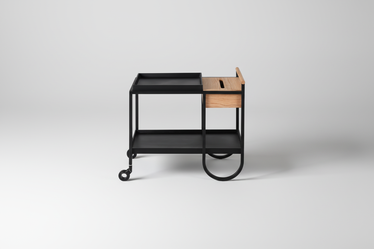Black serving cart with a wooden shelf on a white background