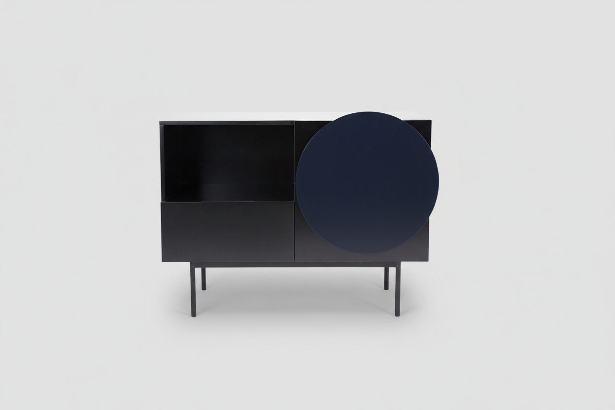 Black cabinet with a circular blue door on a white background