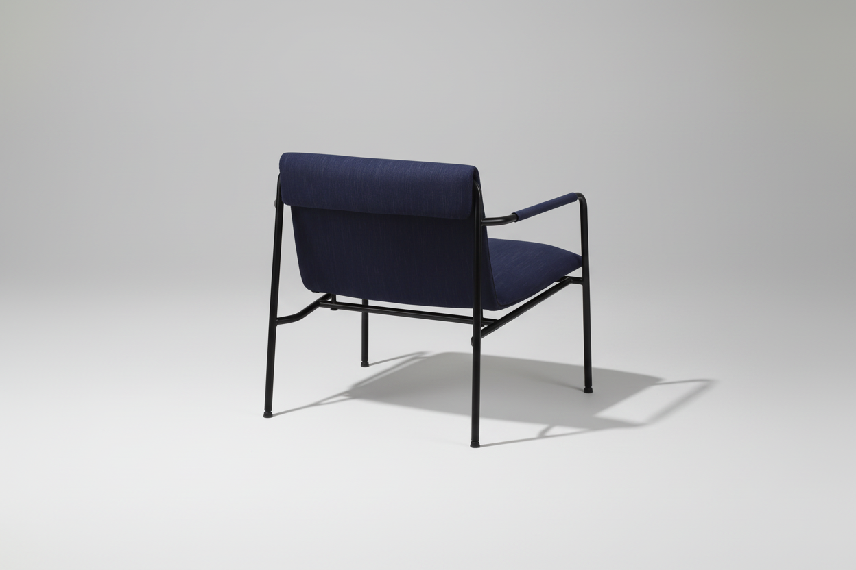 Navy blue chair with black metal frame on a white background