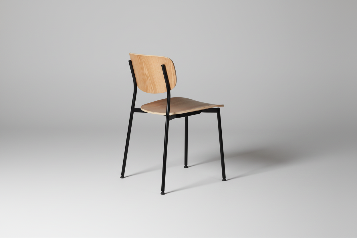 Chair with wooden seat and backrest on black metal frame on a white background