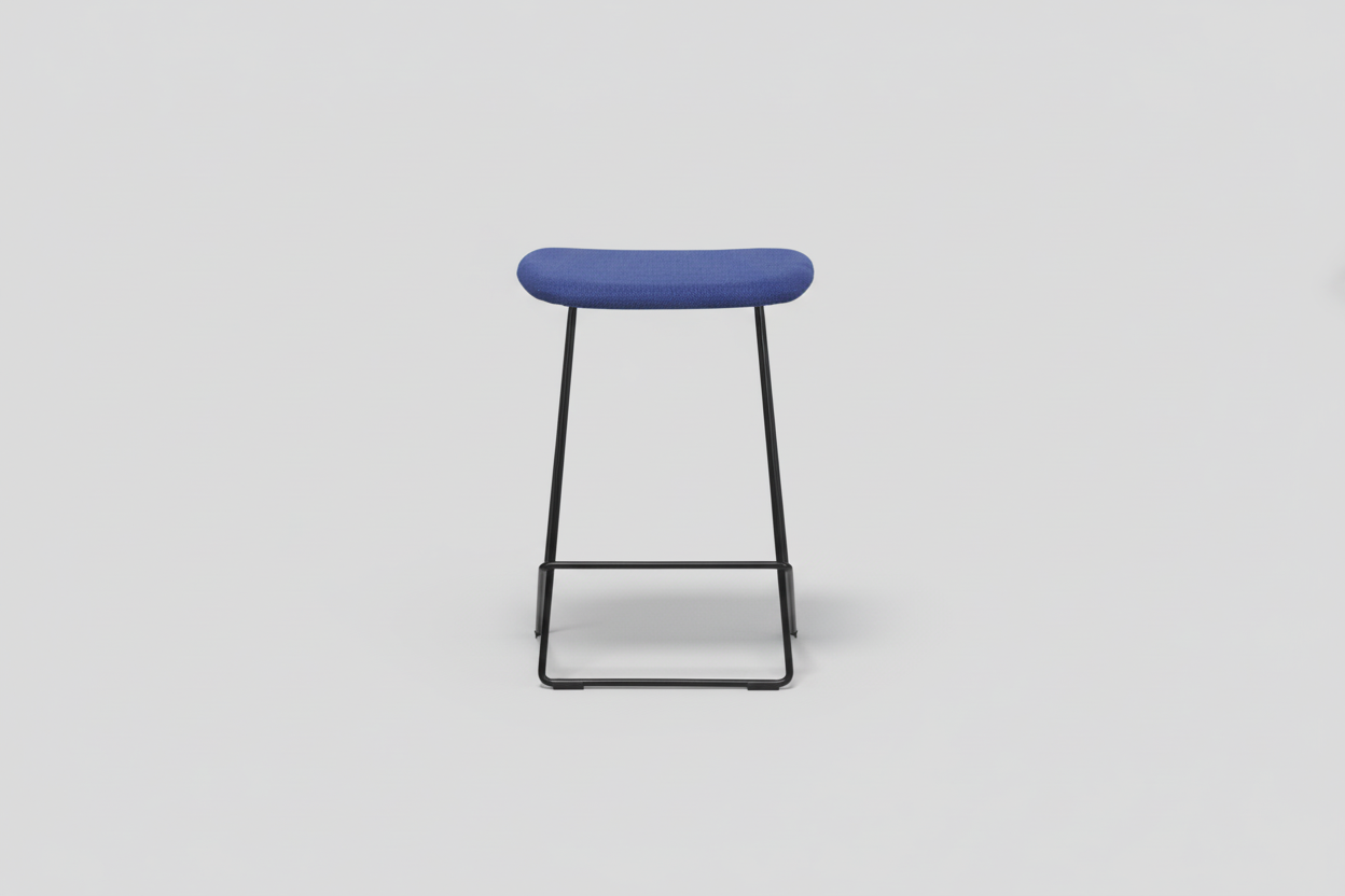 Blue stool with black metal legs on a white background