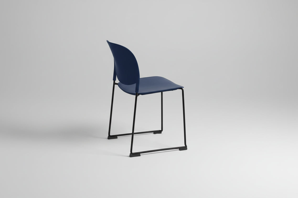 Blue chair with black metal frame on a white background