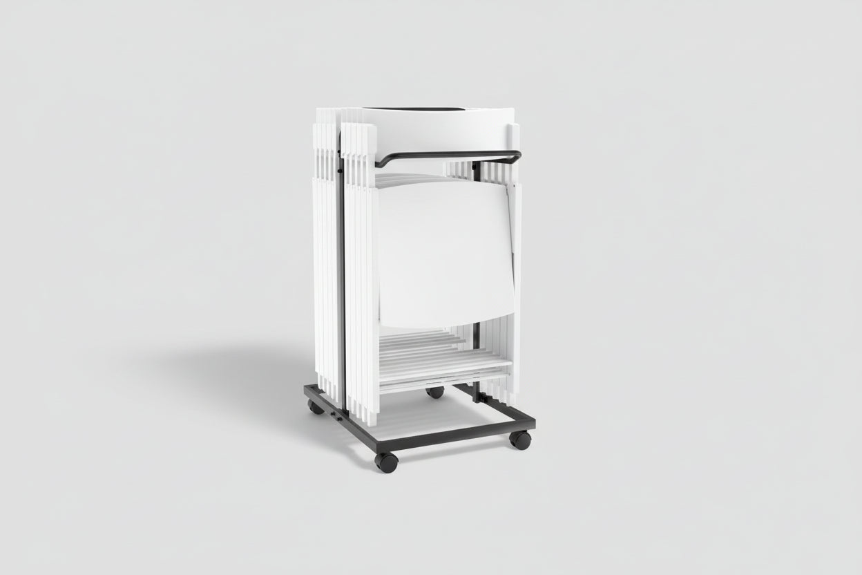 White rolling cart with black wheels on a white background