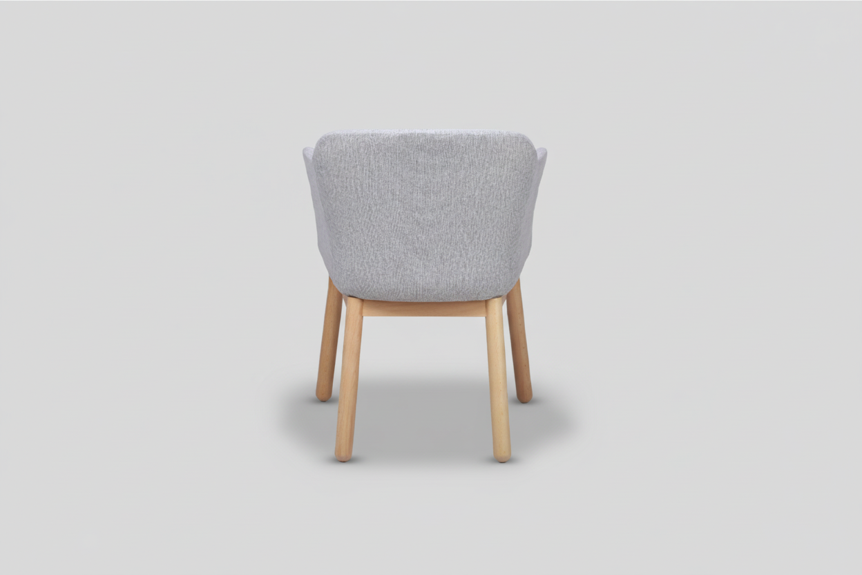 Chair with gray cushioned backrest and wooden legs on a white background