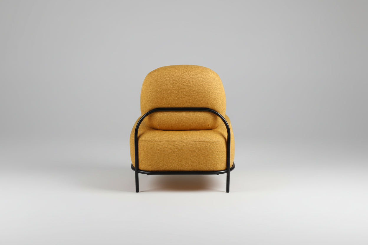 Yellow armchair with black metal frame on a white background