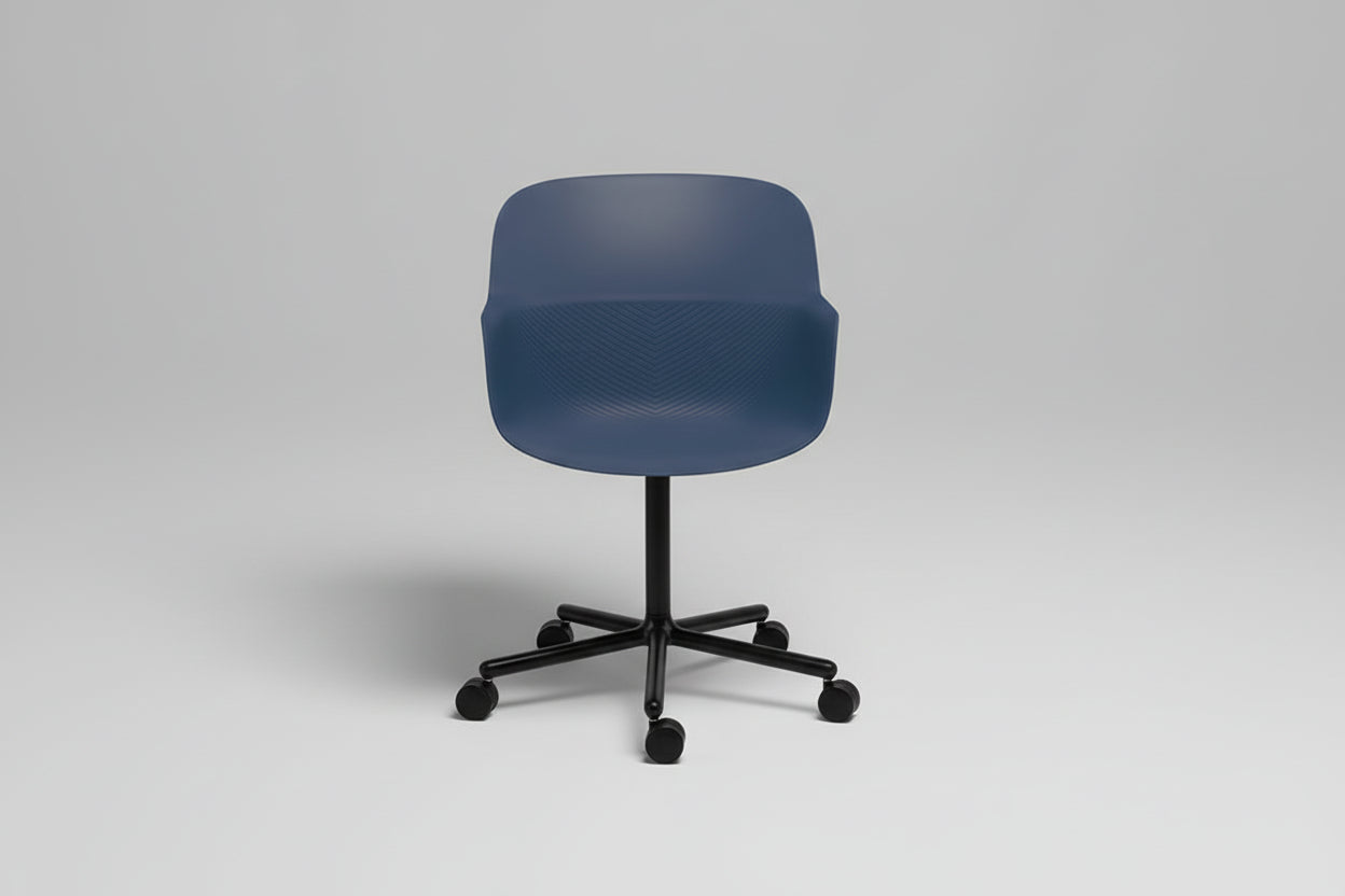 Blue office chair with black wheels on a white background