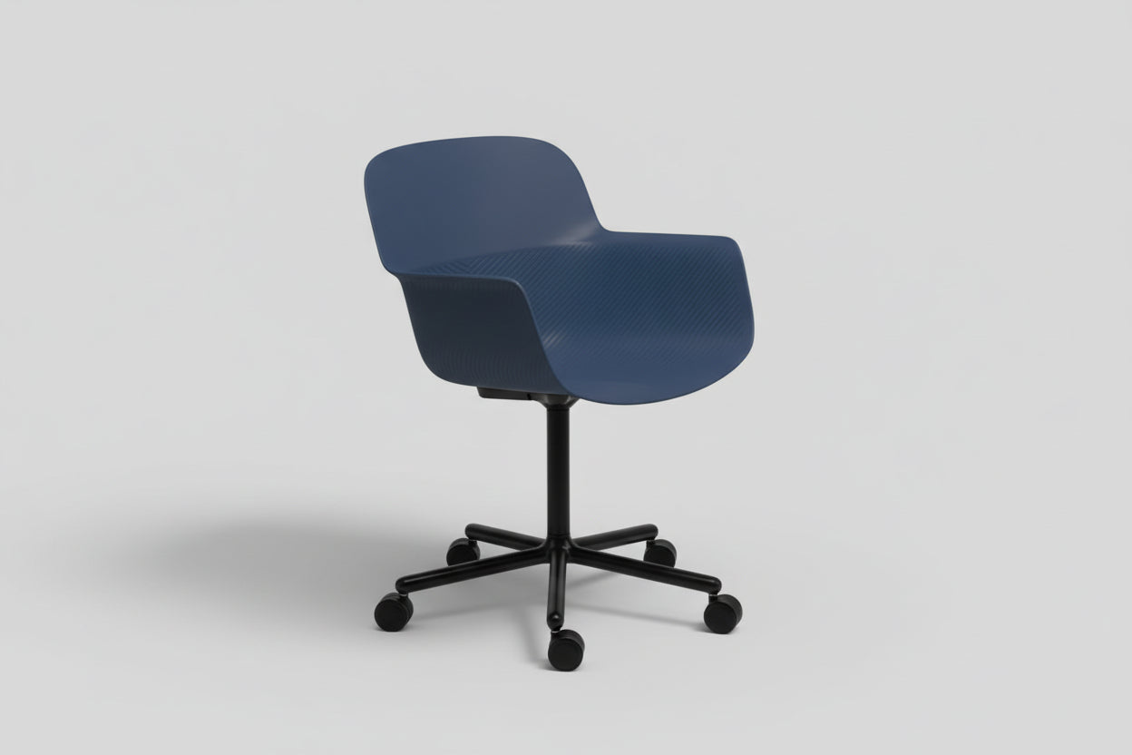 Blue office chair with black wheels on a white background