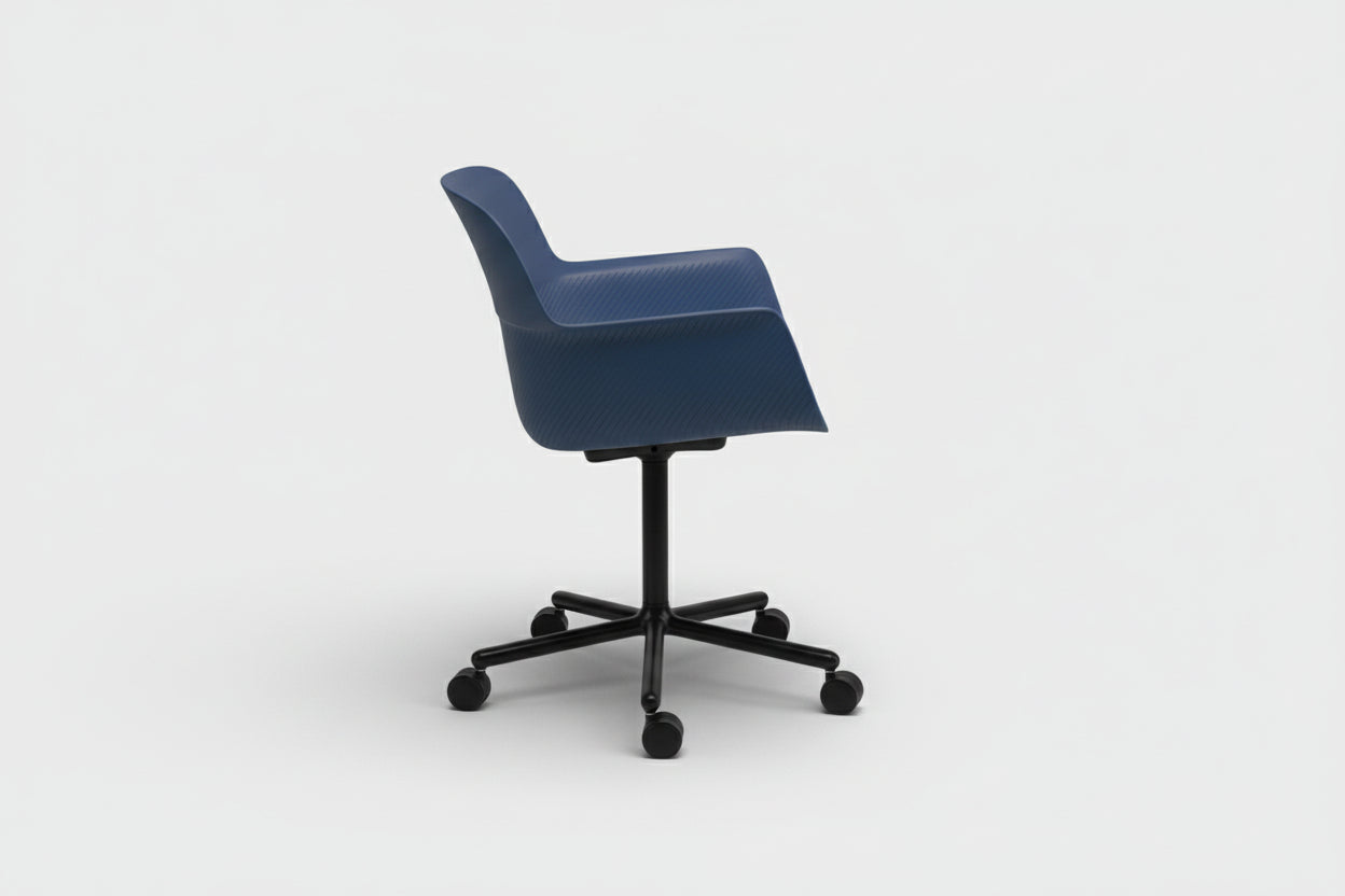 Blue office chair with black wheels on a white background