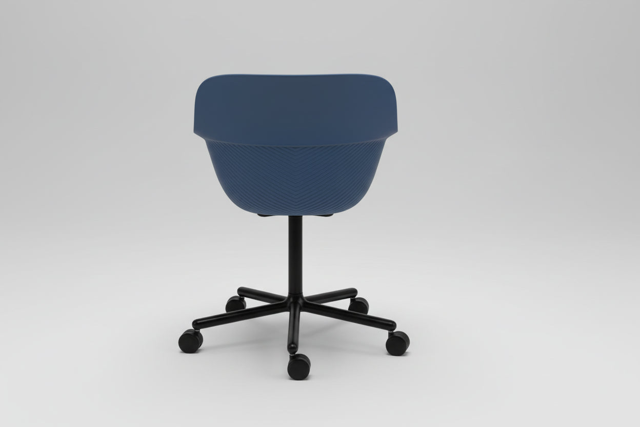 Blue office chair with black wheels on a white background