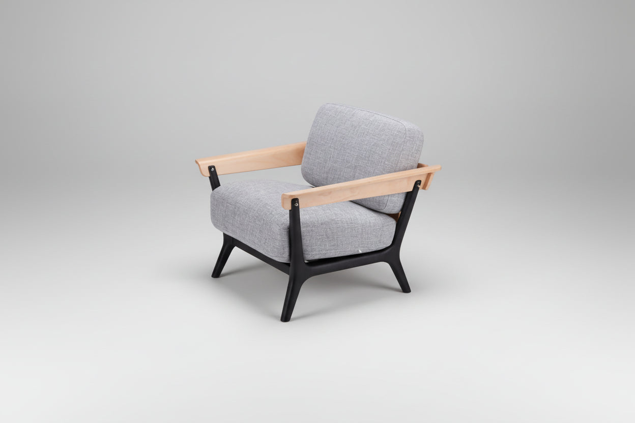 Gray armchair with wooden armrests on a white background