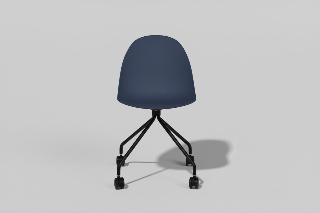 Blue office chair with black wheels on a white background