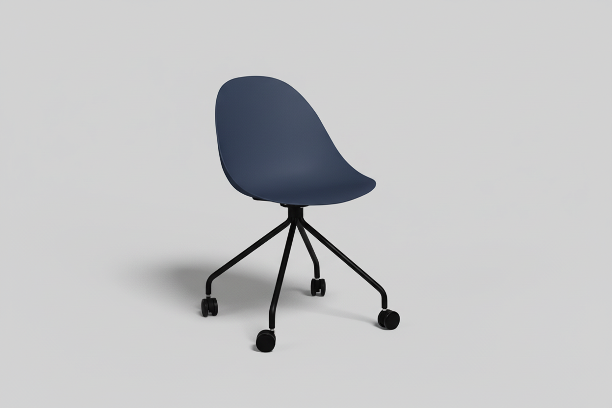 Blue office chair with black wheels on a white background