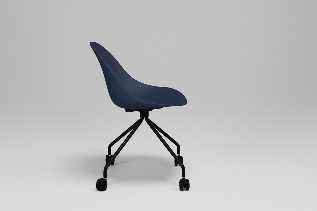 Blue office chair with black wheels on a white background
