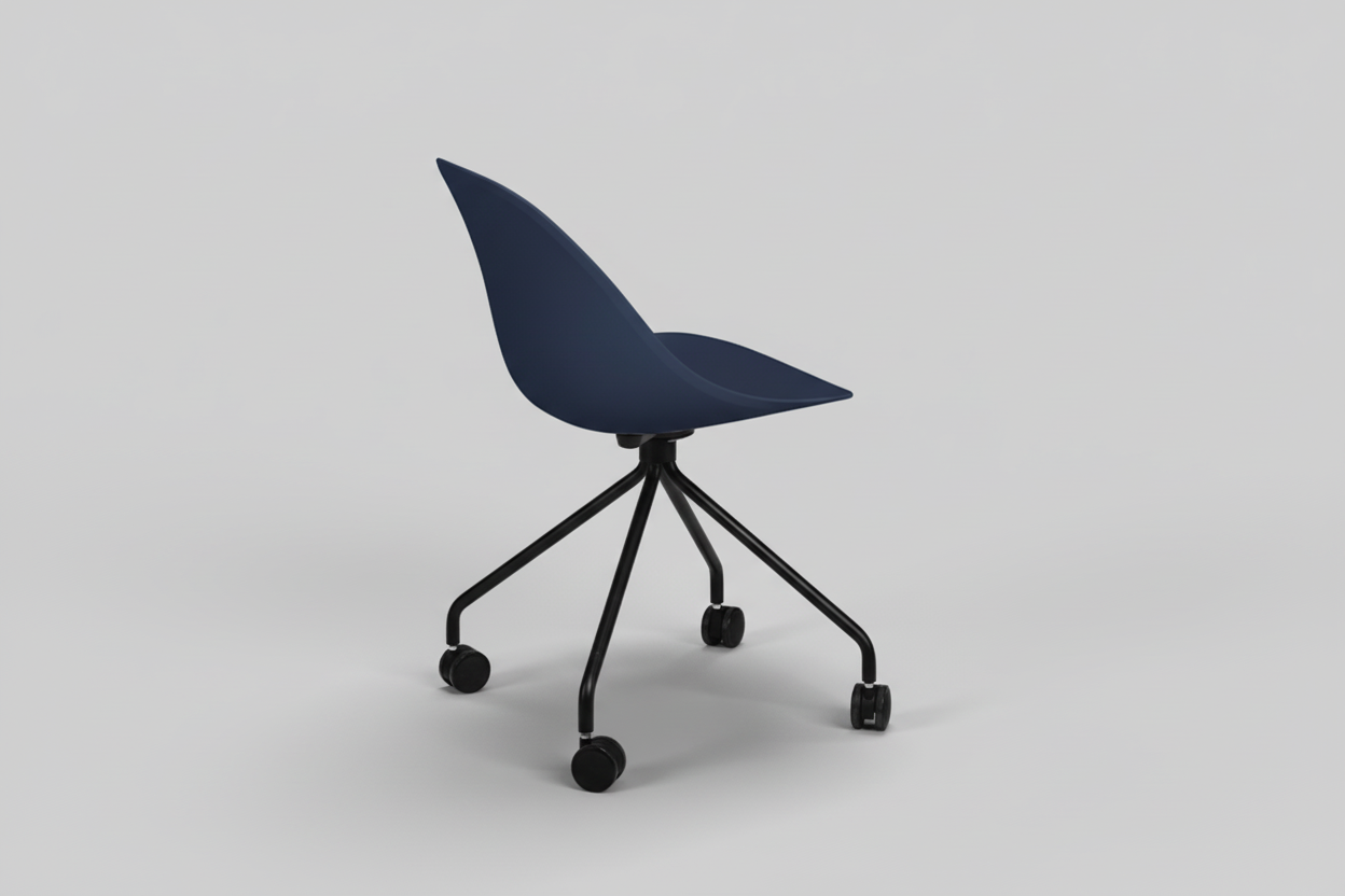 Blue chair with black wheels on a white background