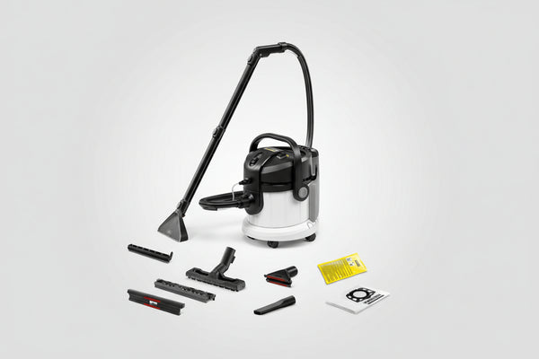 Vacuum cleaner with attachments on a white background